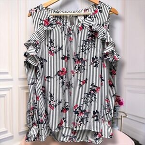 Monroe Womens XL Cold Shoulder Blouse Ruffle Floral Striped Smocked Cuff Top
